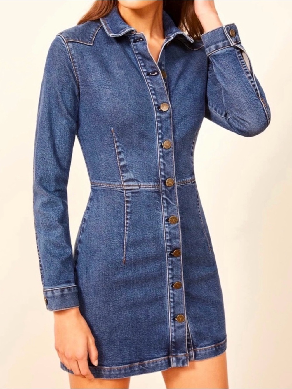 Reformation Denim Button Front Long Sleeve Arizona Dress Cotton Blend Stretch 2